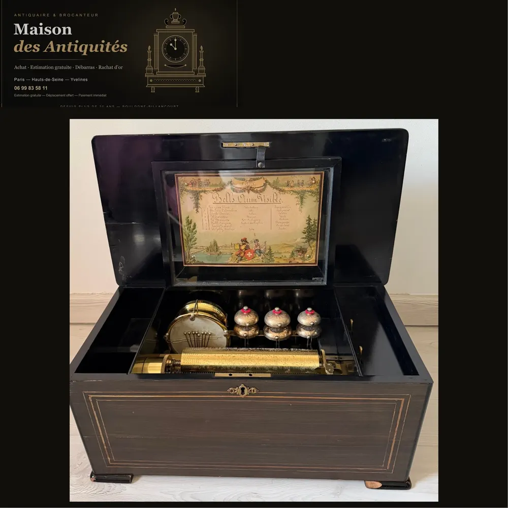 Boîte à Musique Suisse d’Orchestre – « Bells & Drums Visible » – 8 Airs – Whiteley’s London — Instruments de musique