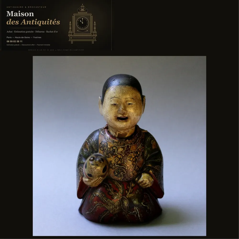 Saga Ningyō poupée Japonaise Ancienne au Karako Tenant un Chiot, Kyoto, Début Edo, XVIIe — Jouets anciens