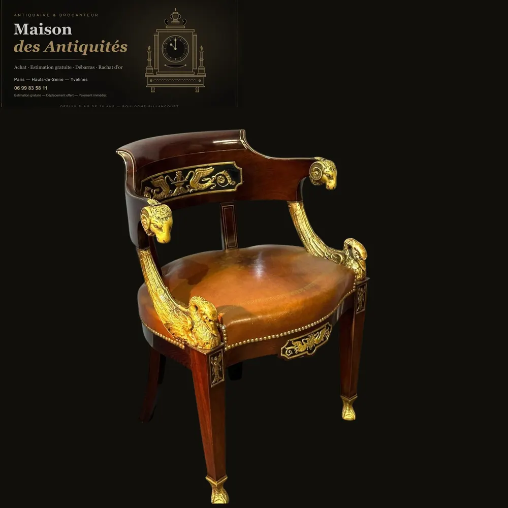 Fauteuil de bureau d’apparat Empire en acajou et bronze En très bon état — Mobilier Empire