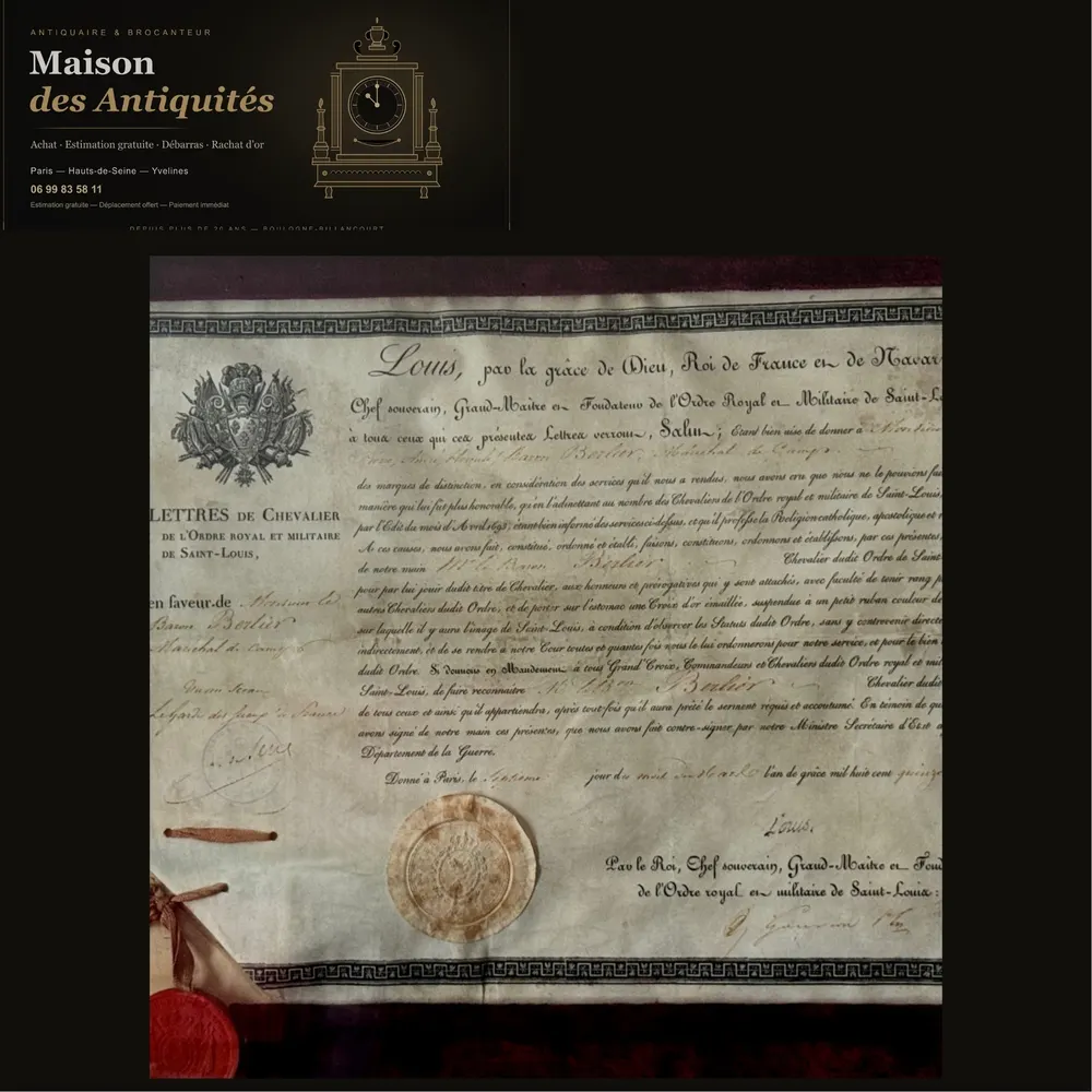 LETTRES DE CHEVALIER DE L'ORDRE MILITAIRE DE SAINT LOUIS DU GÉNÉRAL - BARON BERLIER 1815 — Monnaies & médailles