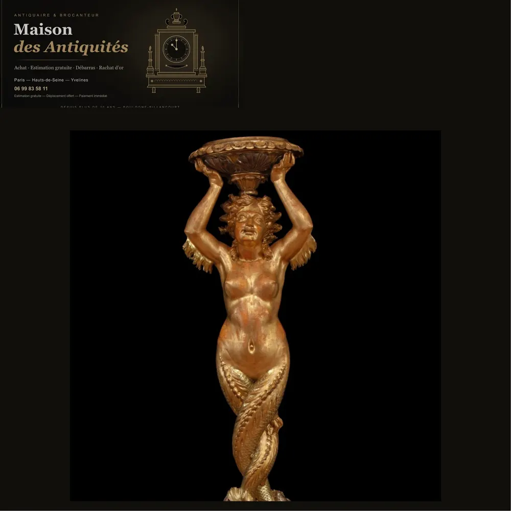 Grande sculpture en bois sculpté et doré représentant une sirène tenant un vase — Sculptures & bronzes